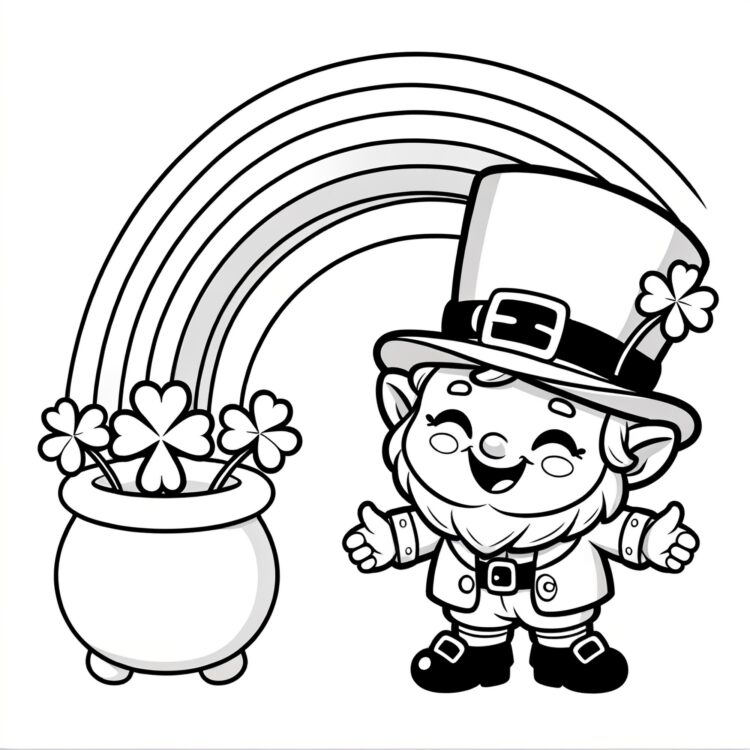 St Patricks Day Coloring Page Cute Leprechaun With A Pot Of Clovers And Rainbow Fun Free